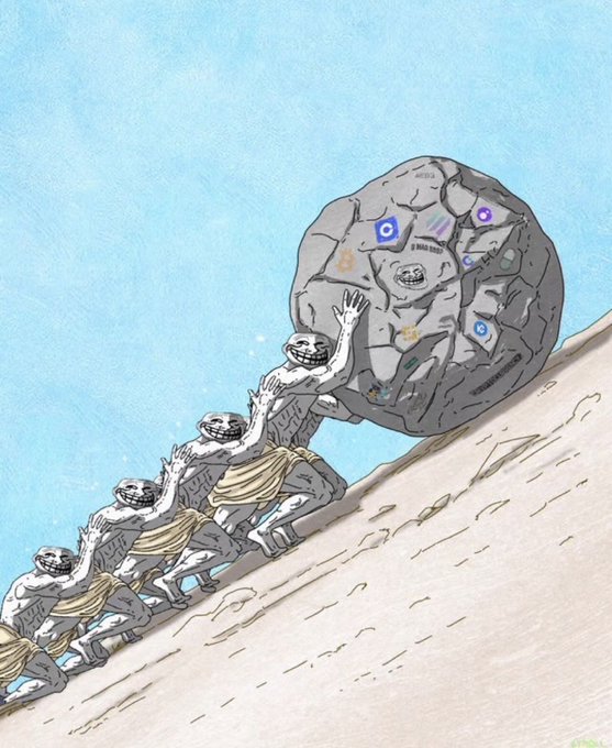 A cartoon illustration references the myth of Sisyphus, showing figures in loincloths pushing a massive boulder up a hill; however, this boulder is replaced with a giant rock composed of various AI company logos and names.