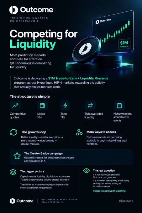 A promotional graphic for Outcome.xyz titled "Competing for Liquidity," highlighting a $1M Trade-to-Earn + Liquidity Rewards program on Hyperliquid HIP-4 markets, featuring icons for competitive quotes, maker/taker fills, tight two-sided liquidity, and higher weighted rewards around active events. The visual reinforces the post's message that Outcome.xyz is prioritizing liquidity—through capital attraction and creator engagement—over mere attention, with its growing market activity offering potentially deeper market infrastructure.