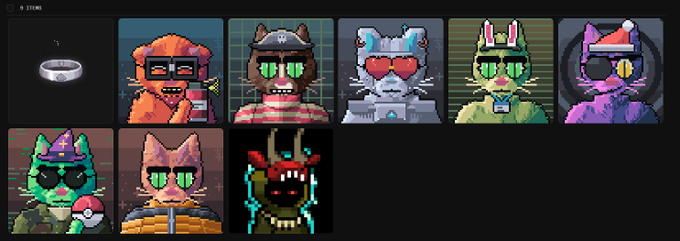 A pixel art image displaying a grid of nine cat-like character avatars with various accessories and outfits, with one item marked as '9 ITEMS'.