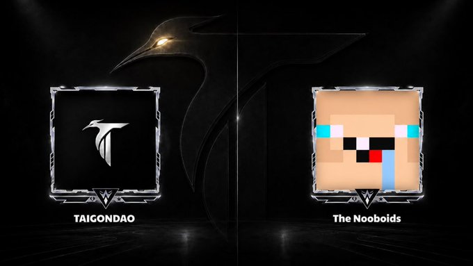 A promotional graphic featuring two square avatars side by side on a dark background with a faint logo watermark—"TAIGONDAO" with a stylized "T" emblem on the left, and "The Nooboids" represented by a pixelated crying Minecraft-style face on the right—announcing a collaboration between the two NFT projects for an upcoming 3,000-supply mint on the Ethereum chain via OpenSea.