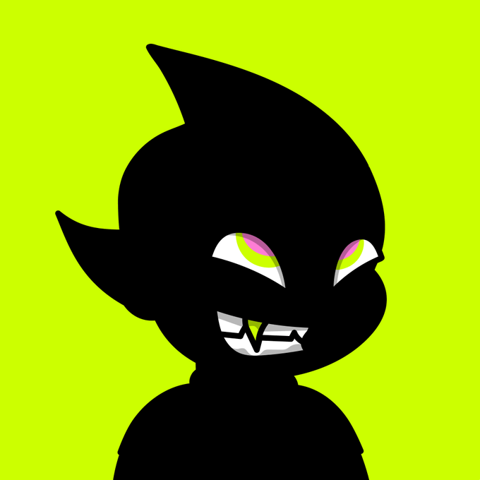 Digital illustration of a black silhouetted character with pointed ears, a fanged grin, and pink-green eyes set against a bright green background.