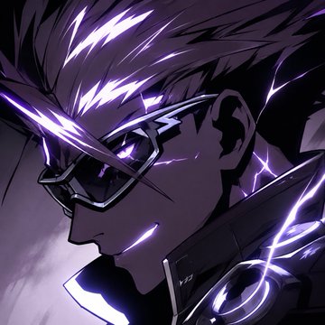 A stylized anime-like illustration of a character with spiky hair, dark sunglasses, and purple lightning-like energy emanating from them against a black background.