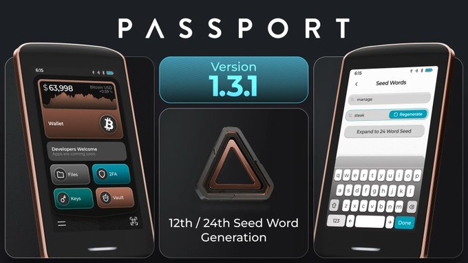 A promotional graphic for Passport's KeyOS Version 1.3.1, featuring two smartphones displaying the app interface—one showing a wallet balance of $63,998 Bitcoin USD and navigation options like Files, 2FA, Keys, and Vault, and the other showing a "Seed Words" input screen with options to expand to 24 words. The center highlights "12th / 24th Seed Word Generation," illustrating the new feature that generates a valid BIP39 checksum final word for users entering seed words from physical sources like dice or coin flips.