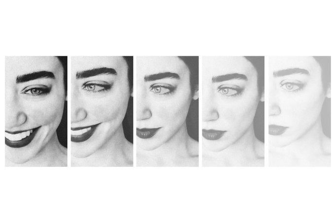 A series of five black-and-white close-up portraits showing a woman's face with various expressions and makeup styles, transitioning in lighting across the panels.