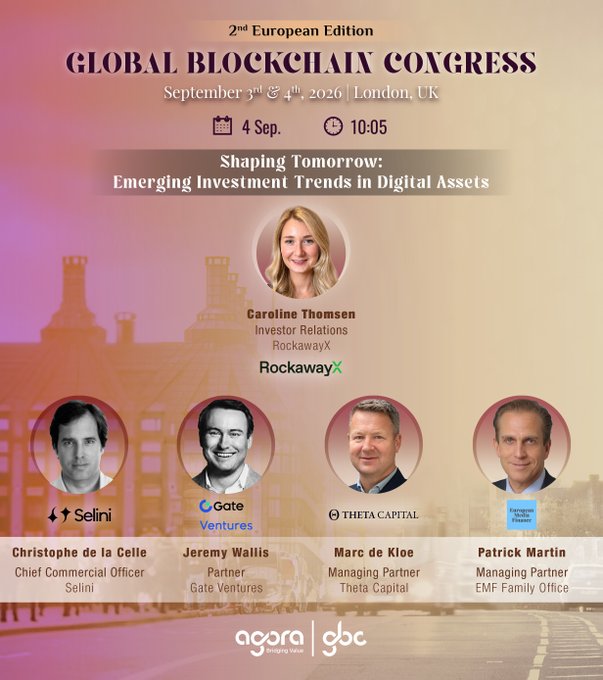 A promotional flyer for the '2nd European Edition GLOBAL BLOCKCHAIN CONGRESS' on September 3rd & 4th, 2026 in London, UK, featuring speakers Caroline Thomsen, Christophe de la Celle, Jeremy Wallis, Marc de Kloe, and Patrick Martin.