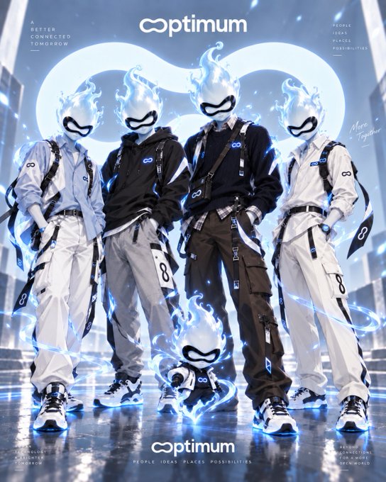 An AI-generated fashion advertisement featuring four figures in futuristic streetwear with flame-headed masks for "optimum", branded with infinity symbols and text including "A BETTER CONNECTED TOMORROW".