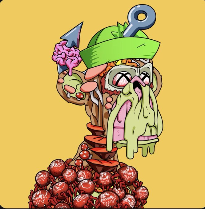 A cartoon illustration shows a grotesque, grotesque burger-like monster with a green leaf hat, a large key in its head, a brain, and a pile of red crawfish labeled 'Bacon' at its base.
