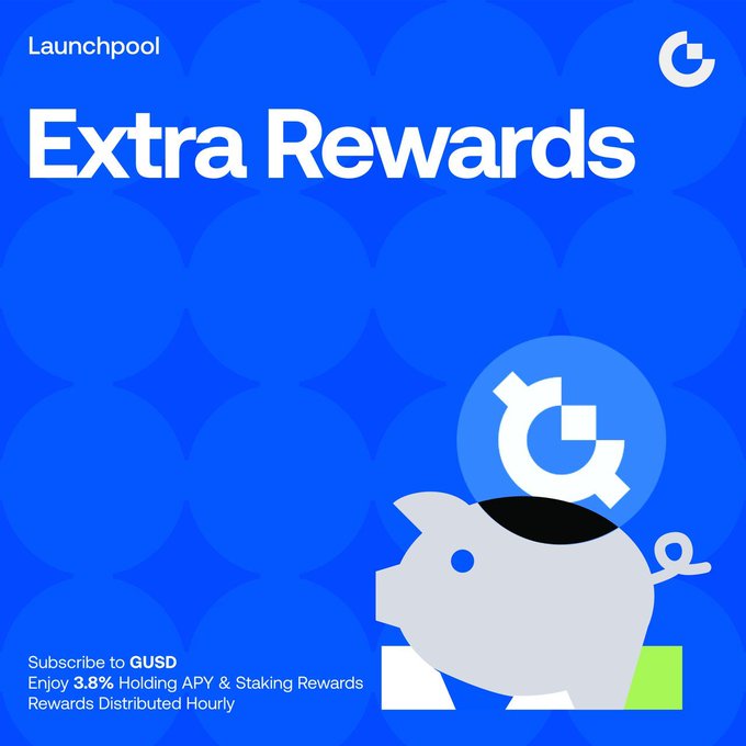 Promotional graphic for Launchpool featuring a piggy bank with a GUSD coin, advertising "Extra Rewards" with text highlighting "3.8% Holding APY & Staking Rewards" distributed hourly for GUSD subscriptions, aligning with the post's announcement of staking rewards on Gate.io's Launchpool.

Key text visible:
- Launchpool
- Extra Rewards
- Subscribe to GUSD
- Enjoy 3.8% Holding APY & Staking Rewards
- Rewards Distributed Hourly