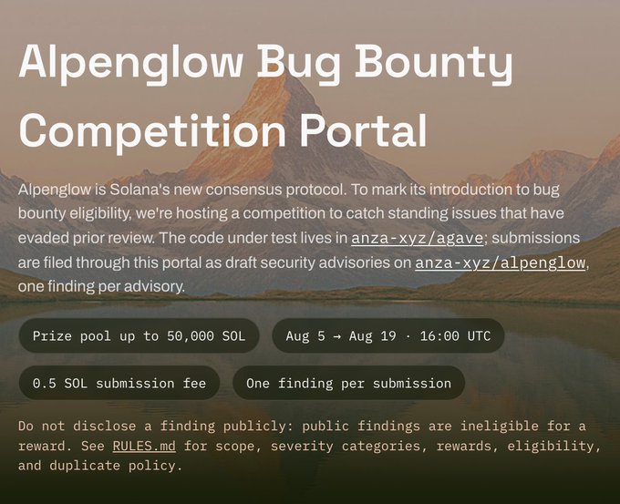 An informational graphic titled 'Alpenglow Bug Bounty Competition Portal' with details about Solana's new consensus protocol, including prize pool of up to 50,000 SOL, dates Aug 5 → Aug 19 at 16:00 UTC, and submission fee of 0.5 SOL.
