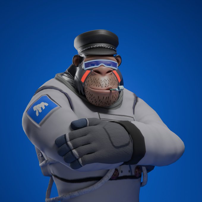 A 3D rendered character of a muscular bear wearing a white tactical jacket with a blue bear patch, police-style cap, blue reflective sunglasses, and grey gloves, posed with arms crossed against a solid blue background.