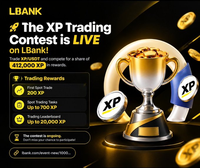A promotional banner for 'LBank' advertising 'The XP Trading Contest is LIVE', featuring a gold trophy and listing rewards like 'First Spot Trade 200 XP' and 'Up to 20,000 XP'.