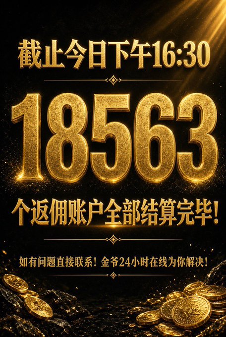 A promotional graphic with gold text on a dark background reading '截止今日下午16:30 18563 个返佣账户全部结算完毕！' (18,563 rebate accounts fully settled as of 4:30 PM today!).