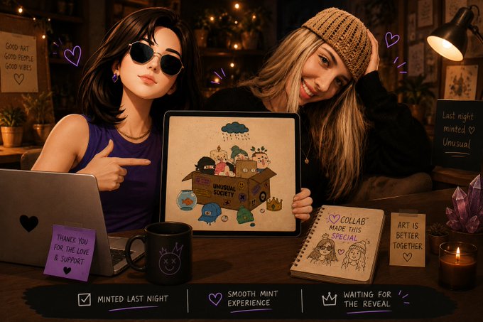 Two illustrated women present an NFT collaboration, with text including 'GOOD ART GOOD PEOPLE GOOD VIBES', 'UNCODUALLY SOCIETY', 'COLLAB MADE THIS SPECIAL', 'THANKS YOU FOR THE LOVE & SUPPORT', 'Last night minted ♡ Unusual', and bottom buttons reading 'MINTED LAST NIGHT', 'SMOOTH MINT EXPERIENCE', and 'WAITING FOR THE REVEAL'.