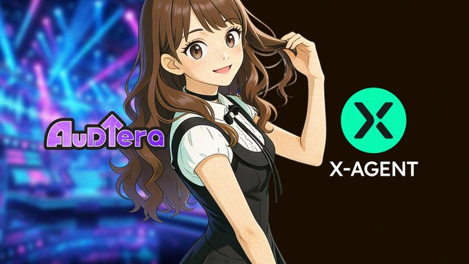 An anime-style illustration of a smiling girl with long brown hair adjusting her hair, alongside the text 'Audtera' and a green circular 'X-AGENT' logo.