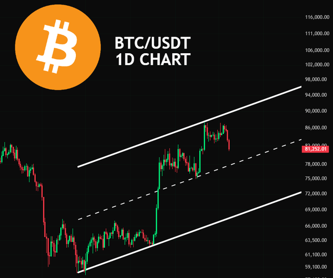 A financial chart titled 'BTC/USDT 1D CHART' showing Bitcoin's price action within an ascending channel pattern, with the current price marked at 81,252.01.
