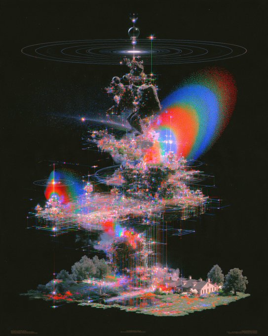 A vibrant, glitchy digital artwork features concentric rings radiating from a glowing orb at the top, descending into a pixelated, prismatic mass that erupts with rainbow color separations and terminates at a small cottage on a grassy island—evoking Beeple's signature "PEAK SIMULATION" aesthetic of recursive, multilayered surrealism with chromatic aberration effects.