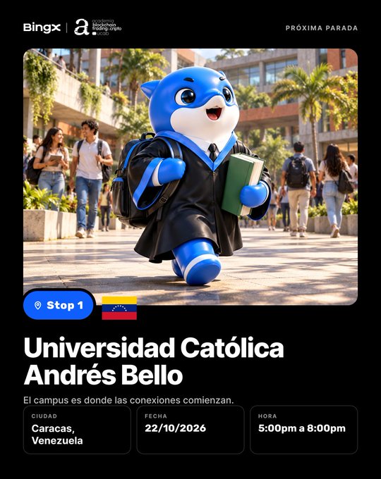 An event promotional poster for Bingx at Universidad Católica Andrés Bello in Caracas, Venezuela on 22/10/2026 from 5:00pm to 8:00pm, featuring a blue shark mascot in a school uniform with a backpack and book.