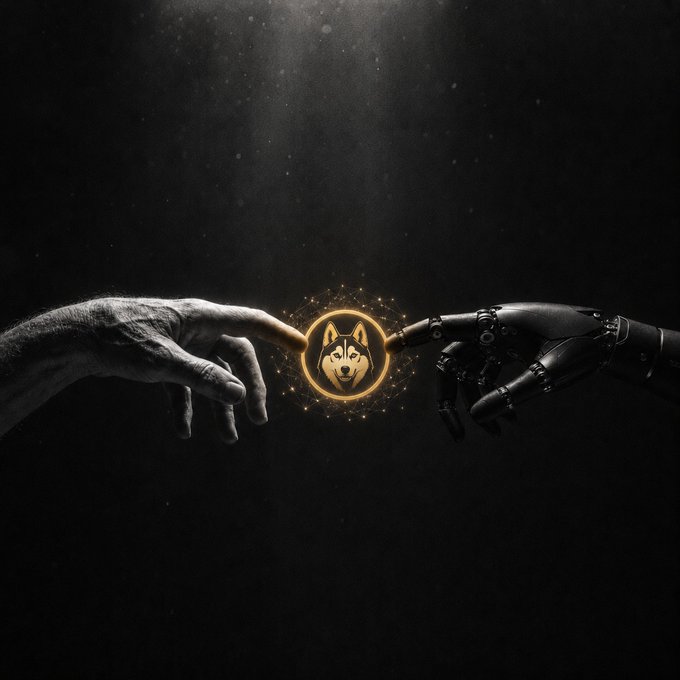 An artistic image showing a human hand and a robotic hand almost touching, recreating Michelangelo's Creation of Adam, with a glowing golden Shiba Inu/dog coin symbol between their fingertips.