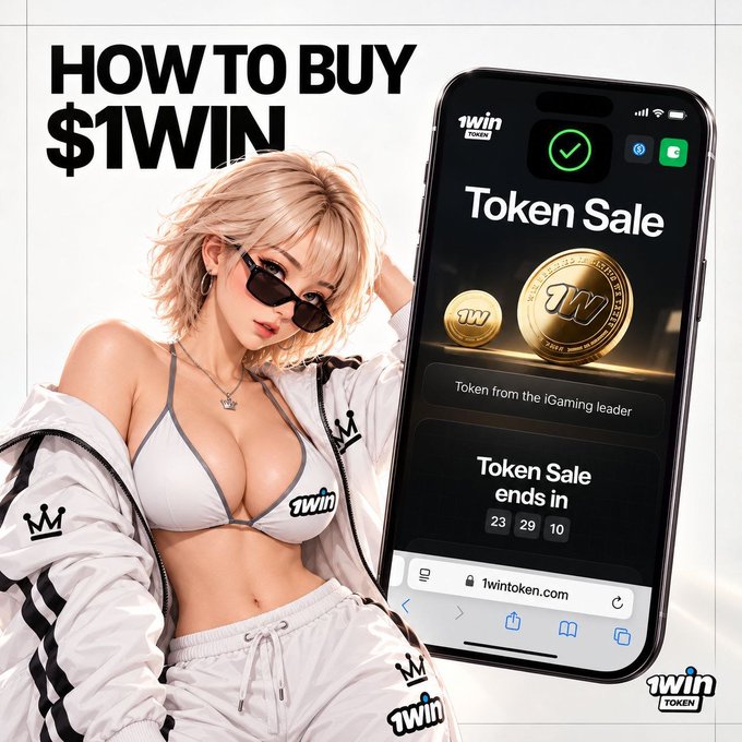 A promotional graphic with the text 'HOW TO BUY $1WIN' showing a woman in sunglasses and a white tracksuit next to a large smartphone displaying a 'Token Sale' page for 1wintoken.com.