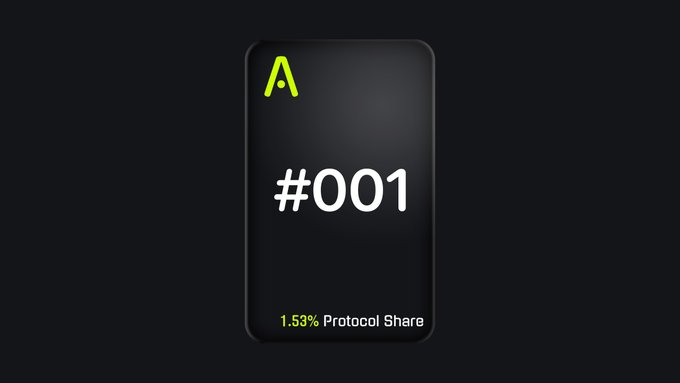 A digital card displayed on a black background features a green 'A' logo, the text '#001' in large white font, and '1.53% Protocol Share' in green at the bottom.
