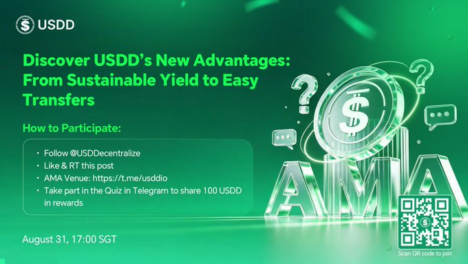Promotional graphic for a USDD AMA event on August 31 at 17:00 SGT, featuring the USDD logo, an FAQ section explaining how to participate (follow @USDDcentralize, like/RT the post, join the AMA at t.me/usddio, and take a Telegram quiz for 100 USDD rewards), and a QR code for joining, with decorative 3D letters spelling "AMA" and dollar sign imagery on a green background.