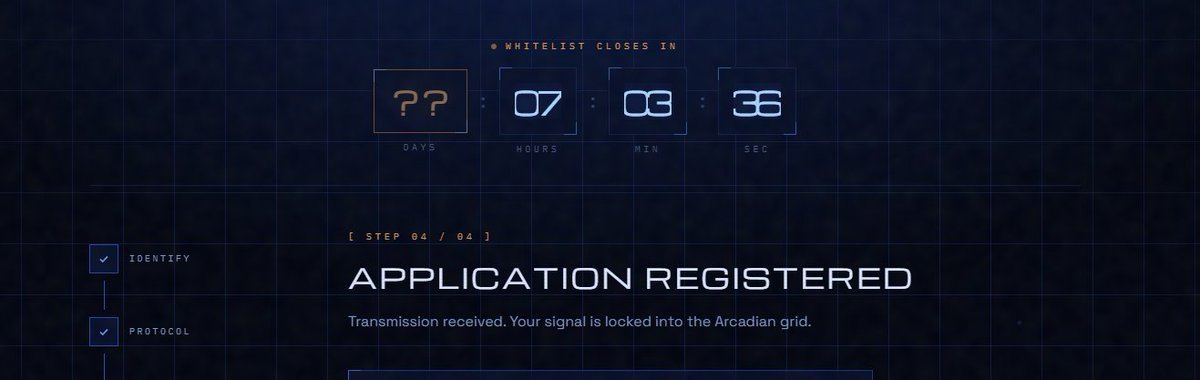 Futuristic dark-themed countdown interface showing 'WHITELIST CLOSES IN' with 7 days, 3 hours, 36 minutes remaining, and 'STEP 04/04 - APPLICATION REGISTERED' with completed Identify and Protocol steps.