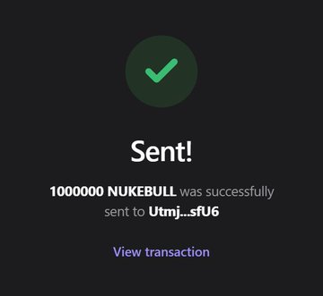 A mobile confirmation screen with a green checkmark showing 'Sent! 1000000 NUKEBULL was successfully sent to Utmj._sfU6' with a 'View transaction' link.