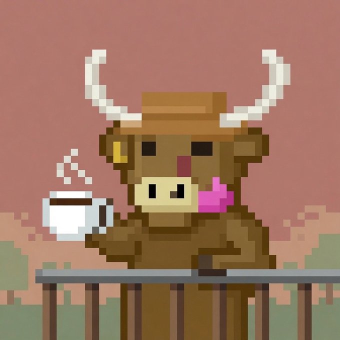 Pixel art of a brown cow or bull-like character wearing a hat, sitting at a table with a steaming cup of coffee against a pink sky.