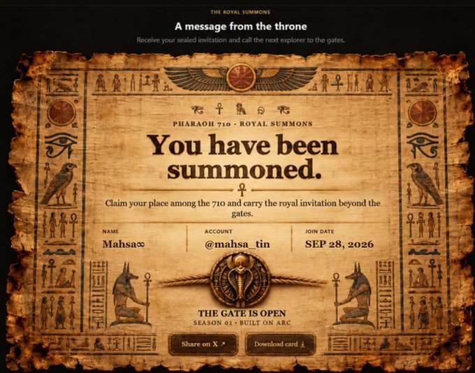 An Egyptian-themed 'You have been summoned' invitation for 'PHARAOH 710 · ROYAL SUMMONS' displays the name 'Mahsa∞', account '@mahsa_tin', and join date 'SEP 28, 2026'.