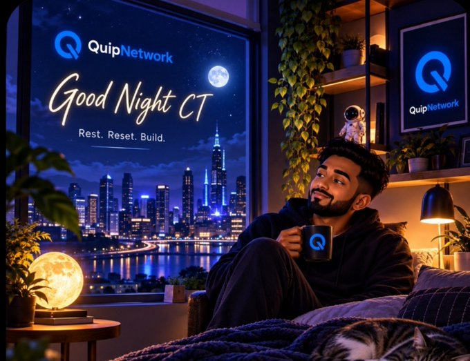 An illustrated promotional image for 'Quip Network' showing a man relaxing in a cozy room with a city skyline view at night, featuring 'Good Night CT' and 'Rest. Reset. Build.' text.