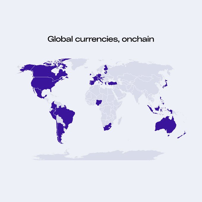 A world map titled 'Global currencies, onchain' highlighting certain countries in dark purple against a light gray background.