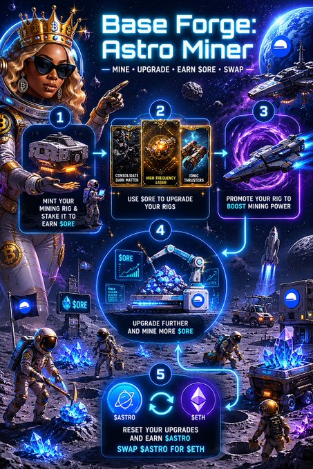 A promotional infographic for 'Base Forge: Astro Miner' showing a 5-step process to mine, upgrade rigs using $ORE, boost mining power, mine more $ORE, and swap $ASTRO for $ETH, featuring space-themed artwork with a crowned character and lunar miners.