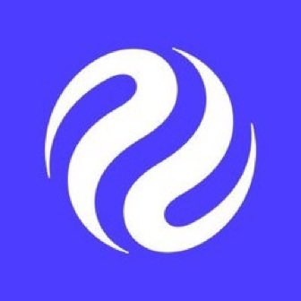 A white abstract swirl logo is centered on a solid royal-blue background.