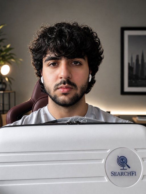 A young man with curly hair wearing white earbuds sits behind a laptop with a 'SEARCHFI' logo featuring a magnifying glass icon.