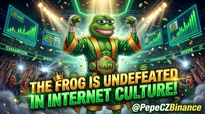 A digital graphic showing a victorious Pepe the Frog in a championship belt with raised fists, captioned 'THE FROG IS UNDEFEATED IN INTERNET CULTURE!' and '@PepeCZBinance'.