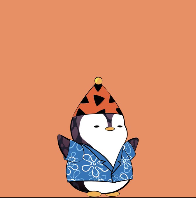 A cartoon penguin character wears a blue floral robe and a triangular orange and black patterned party hat, standing against a solid orange background.