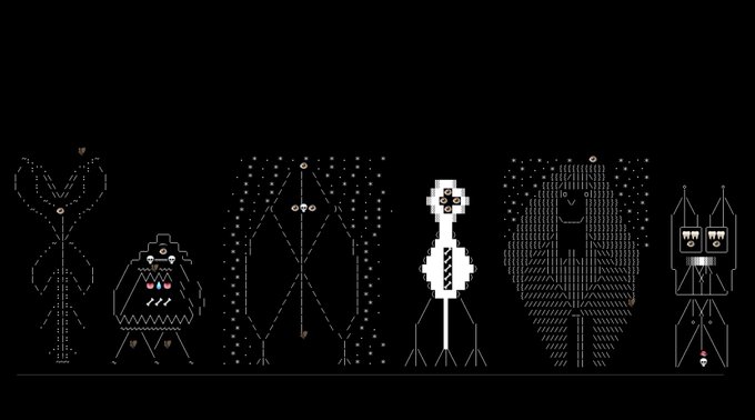A row of minimalist, pixelated white line-art characters and monsters on a black background.