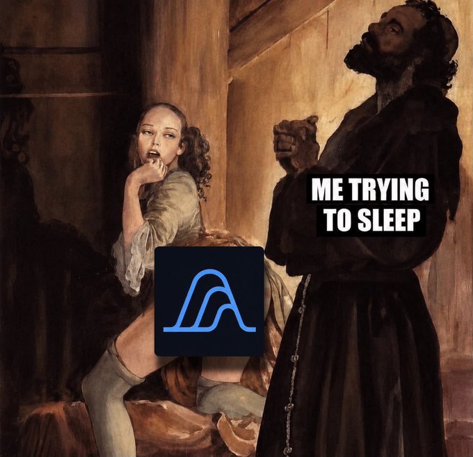 This meme depicts a monk praying for sleep while being tempted by a woman, with the text "ME TRYING TO SLEEP" overlayed, representing the struggle against tempting trades. The image also features a logo with a blue waveform, likely representing a trading platform or indicator.