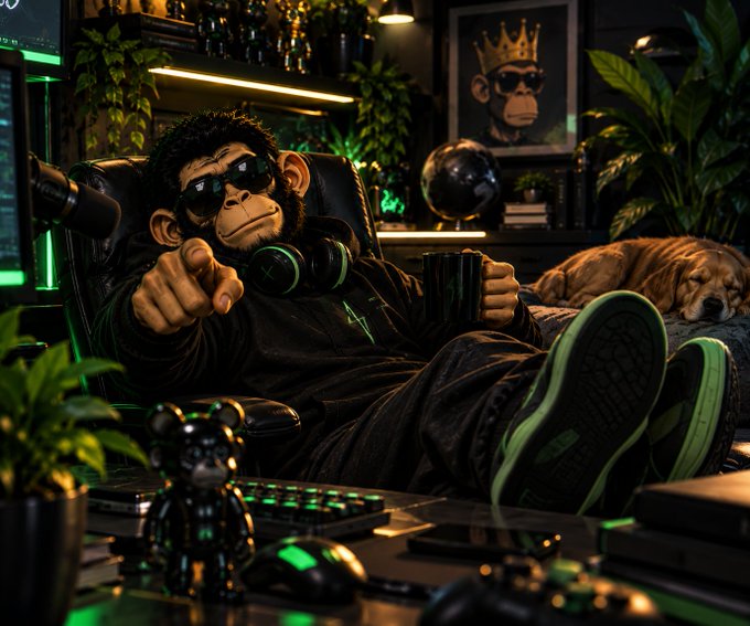 An AI-generated image depicts a chimpanzee wearing sunglasses and headphones, lounging in a chair holding a mug, in a dimly lit room with green lighting, plants, and a sleeping dog nearby.