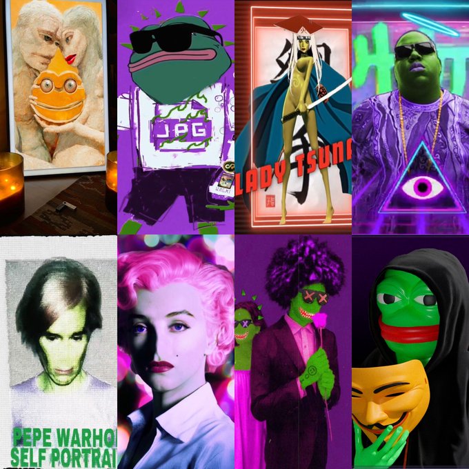 A collage of NFT-style digital art featuring Pepe the Frog characters in various pop culture references, including one labeled 'PEPE WARHOL SELF PORTRAIT'.