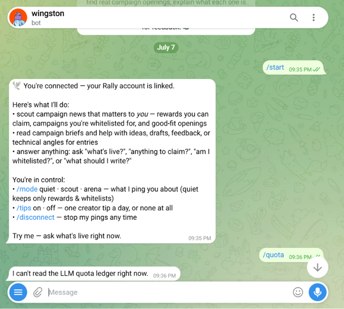 A Telegram chat screenshot with the 'wingston' bot explaining it can scout campaign news, read briefs, and answer entry questions, with commands like /mode and /tips.