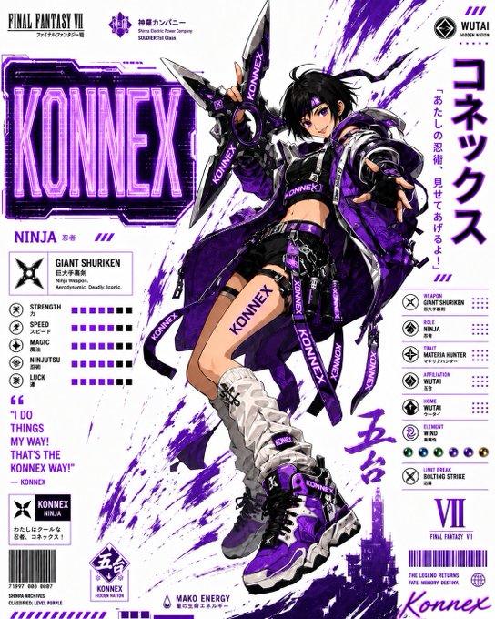 An anime-style character design sheet for 'KONNEX' from 'FINAL FANTASY VII,' featuring a ninja character in purple and black attire with stats and abilities listed.