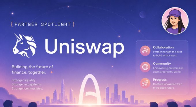 The main visual element of this post is a logo featuring an illustration of a city skyline, with a unicorn logo and text related to Uniswap. The image is accompanied by a caption that explains why GM @Uniswap is coming to arc. This suggests that Uniswap is about to release a new feature or improve existing functionality in the Ethereum ecosystem, which will likely offer users better access to proven swap infrastructure, improved stability of certain cryptocurrencies through deeper asset liquidity, and smoother trading experiences with fewer barriers compared to traditional DeFi platforms.