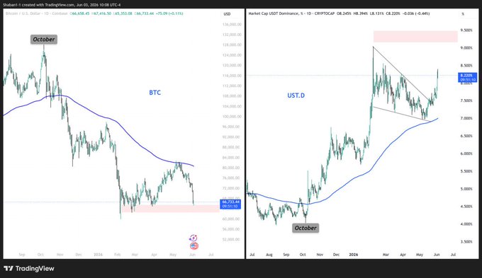 The image features a monitor or computer screen displaying two graphs of stock market data, one for Bitcoin and another for Dogecoin. The Bitcoin graph shows a downward trend while the Dogecoin graph displays an upward trend over time. The text on the screen includes words like "UST", "bitcoin", "بسا عشان يكون الك نظره وتتابع بمقة مفاوله أخراف وبللا إلفتان ٌبا ثانيا عامل دعم للا ببلا يلا غردة جانا تفاء السهون وشارتها وبللا". The screen is located at the bottom of the image.