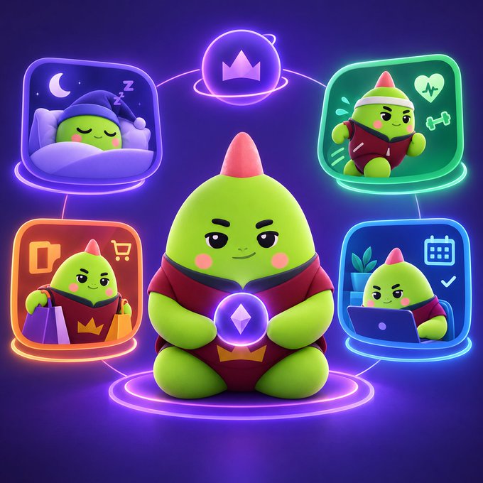 A colorful digital illustration featuring a central green character with a red spike on its head, surrounded by four floating panels showing the character in different scenarios: sleeping, exercising, shopping, and working on a laptop.