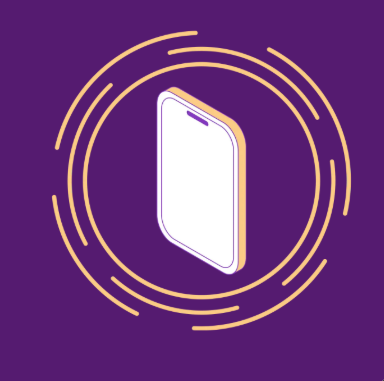 An illustration of a white smartphone with orange circular rings around it on a purple background.