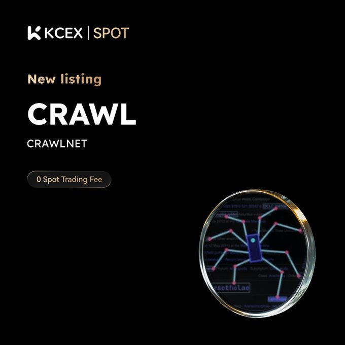 A KCEX Spot exchange announcement for a new listing of CRAWL (CRAWLNET) token with 0 Spot Trading Fee, featuring a magnifying glass over a network map.