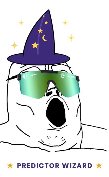 The 'Predictor Wizard' meme showing the screaming wojak face wearing a purple wizard hat and green 'Jupiter' sunglasses, with stars and sparkles in the background.