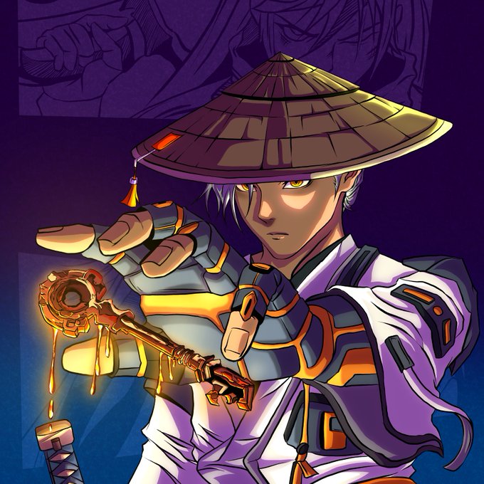 An anime-style illustration of a character with yellow eyes wearing a large bamboo hat and futuristic armor, holding out a golden, ornate weapon.