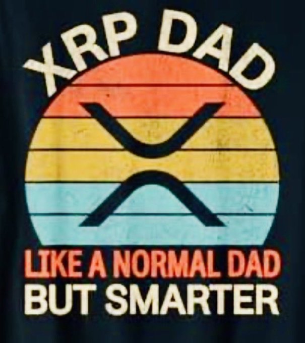 The image features a shirt with an old-fashioned, colorful graphic design that has been adapted into a post about Bitcoin. The design consists of a circle with an X and a line that reads "like a normal dad but smarter", and these elements are set against a dark blue background. The phrase "XRP Dads shout out to all of you today" is also visible on the image, connecting it to the Bitcoin post.